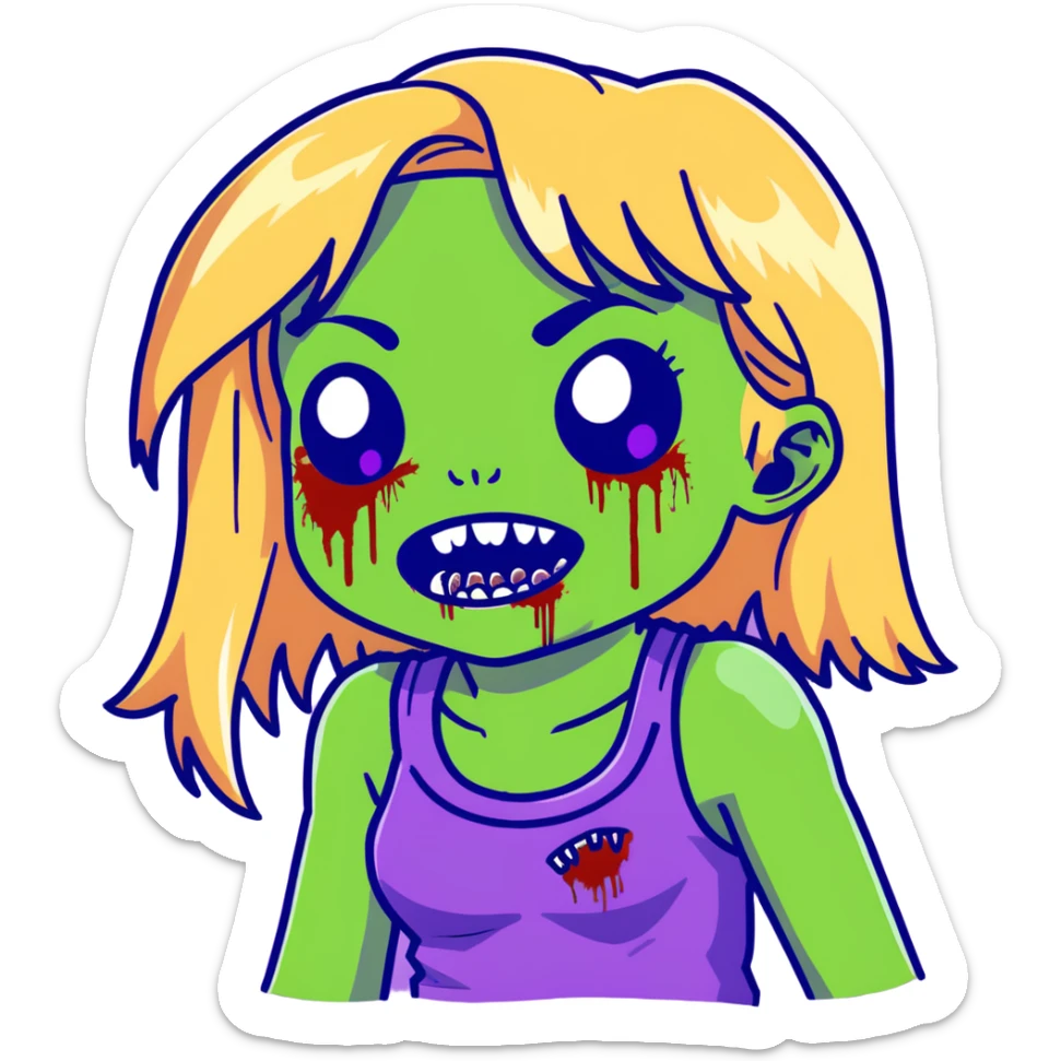 Zombie girl with green skin, purple bruises, gaping mouth, blonde long hair with bangs sticker