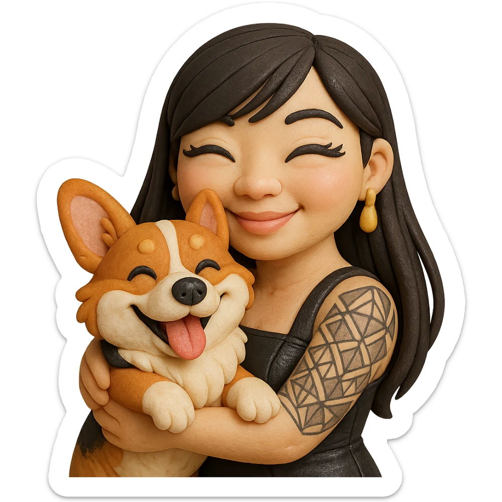 fondant cake art style emoji of an Asian girl with long straight hair, side-swept bangs, black leather dress, gold drop earrings, bold false lashes, and a geometric 3/4 sleeve tattoo on her left arm, hugging a joyful red head tri-color corgi, simplified, emoji-like sticker