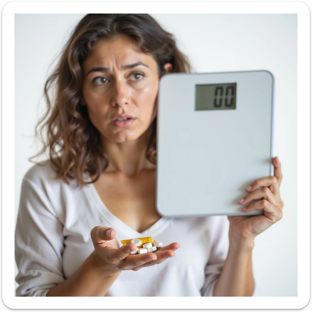 hyperrealistic 4K vertical 9:16 close-up of a woman holding Metformin, next to a scale showing the same weight as before, discouraged expression, white background sticker