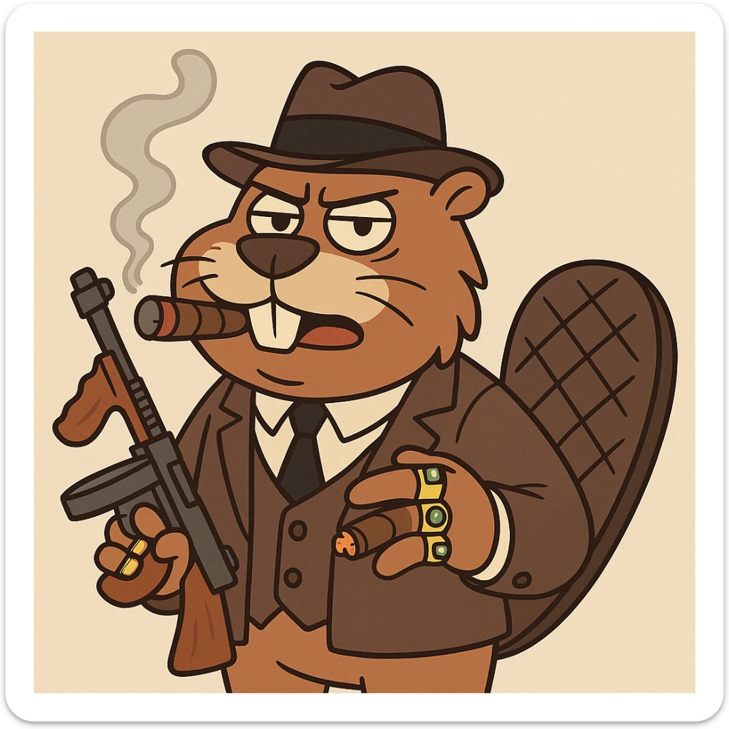 beaver with a cigar, flashy rings, and a tommy gun, classic gangster look, cartoon style sticker