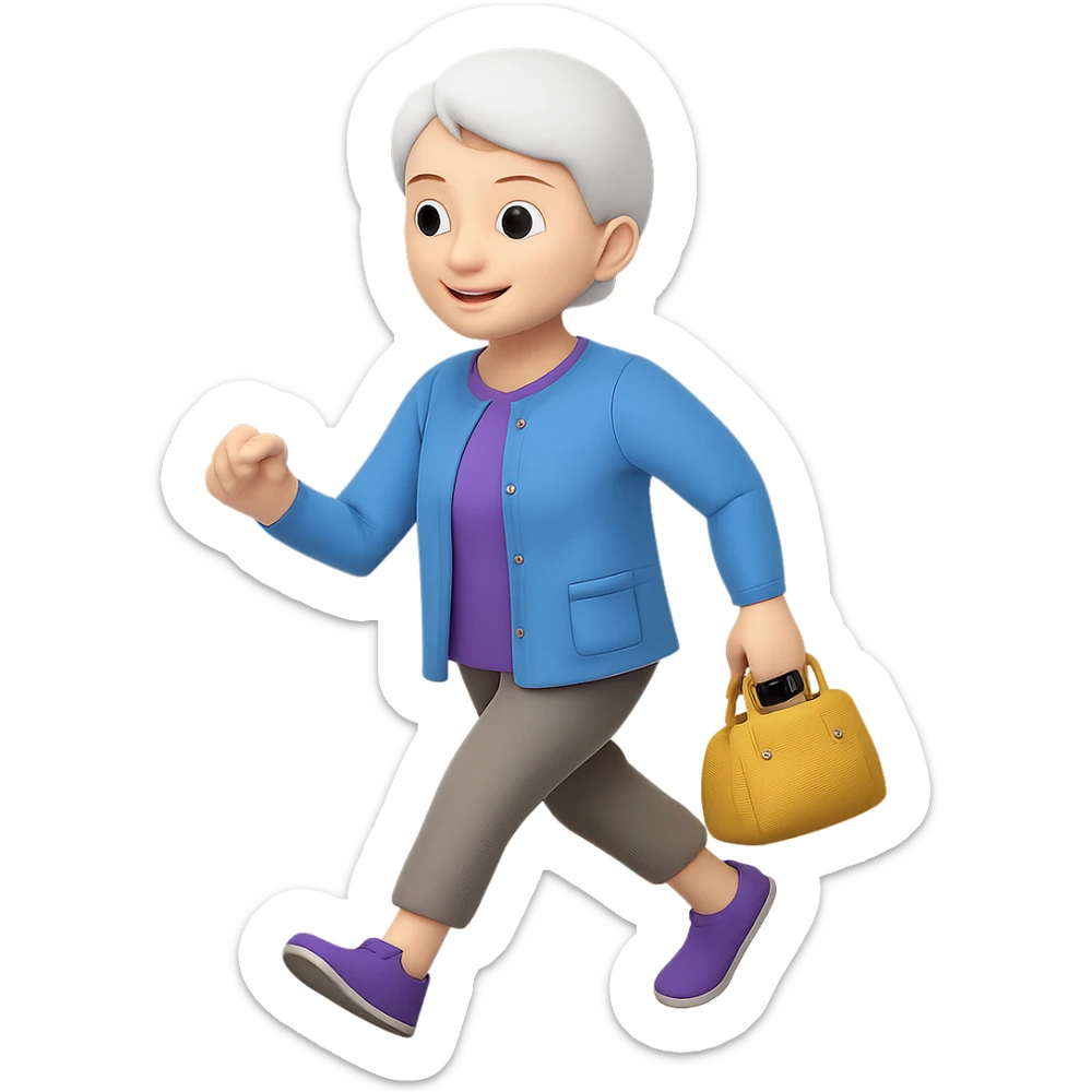 Change the walking pose of the elderly woman with short hair to a brisk walk. Keep the emoji style look in mind while editing. sticker