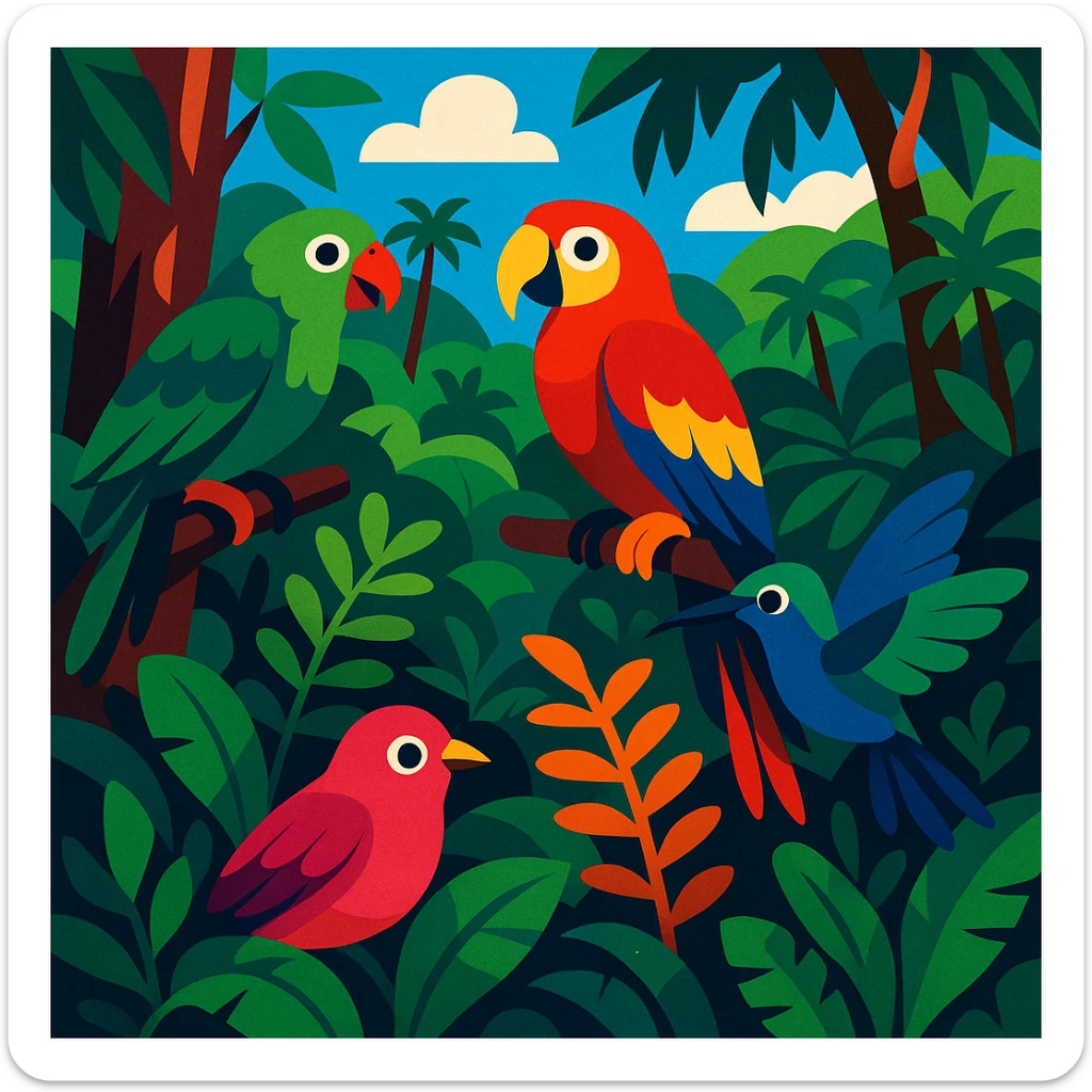 El Yunque rain forest scene with colorful birds and dense foliage in vibrant toon style sticker