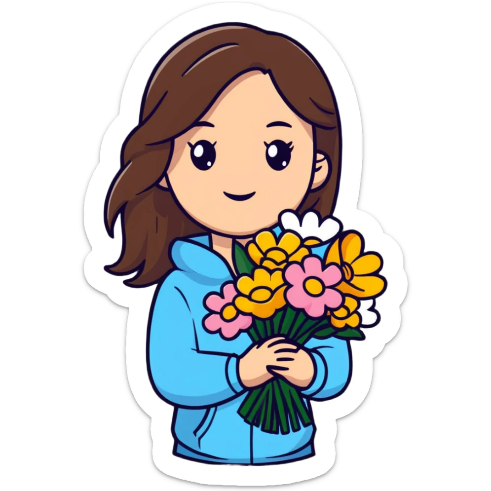 Cool girl with long brown hair holding a bouquet of flowers sticker