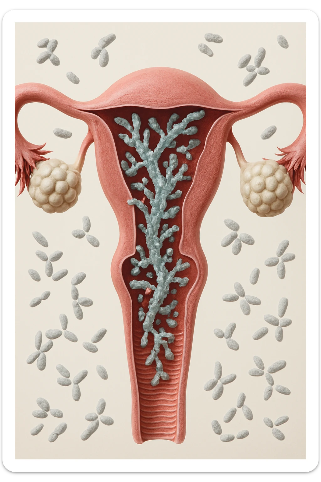 utero umano realistico con batteri della candida intorno, la foto si deve vedere per intero in formato verticale, sfondo neutro chiaro, iperrealistico 4k sticker