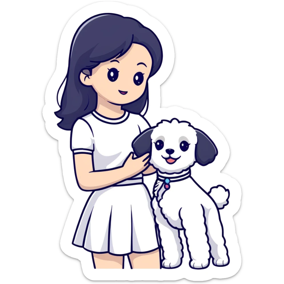 A beautiful girl with long straight black hair wearing a white skirt holding a small white Bichon Frise sticker