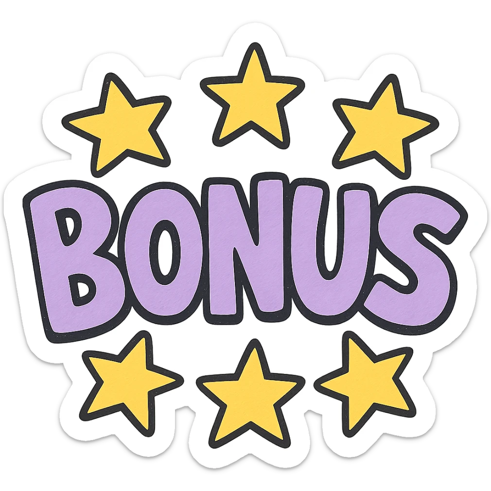 the word BONUS in large letters, all the same vibrant color, surrounded by stars, no background or sign behind, just the letters and stars, vibrant cartoon style QUIERO EXACTAMENTE IGUAL SOLO QUE LAS LETRAS DEBEN SER VIOLETA PASTEL Y LAS ESTRELLAS AMARILLAS sticker