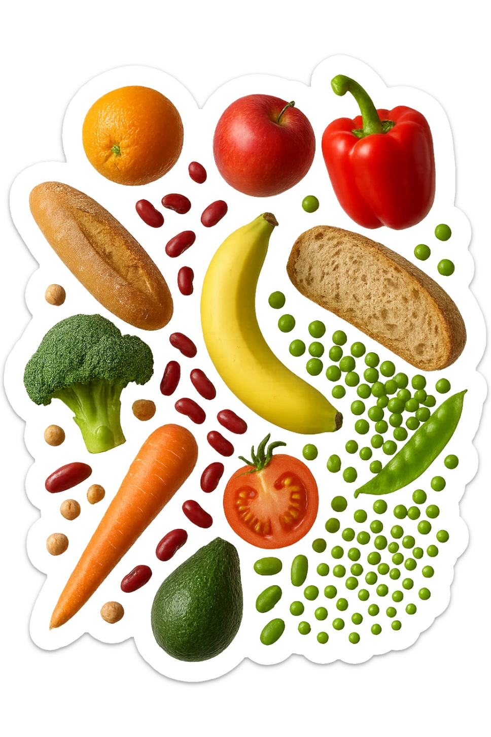 FRUTTA, PANE, LEGUMI E VERDURE CRUDE FLUTTUANO IN ARIA, IPERREALISTICA 4K sticker