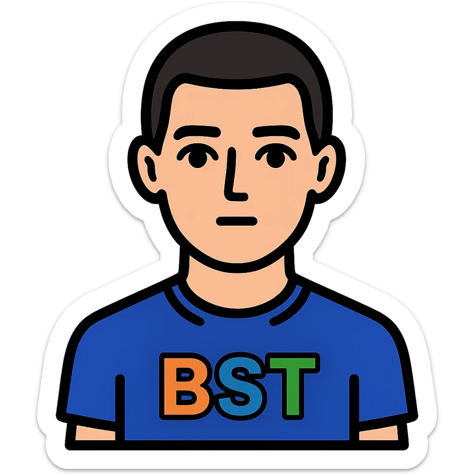 Create a chest-up avatar of a Caucasian male in his early 20s with white skin, blue eyes, short dark hair, no beard, and no smile. The shirt should have 'BST' written in the same colorful style and font as the reference image, with no other text or badges. sticker