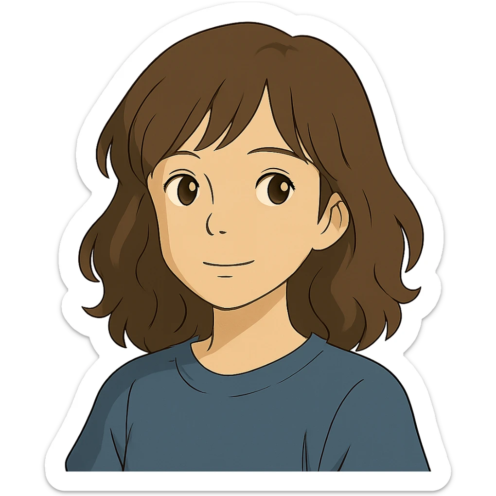 ghibli style portrait of an Asian girl with medium brown wavy hair and brown eyes sticker