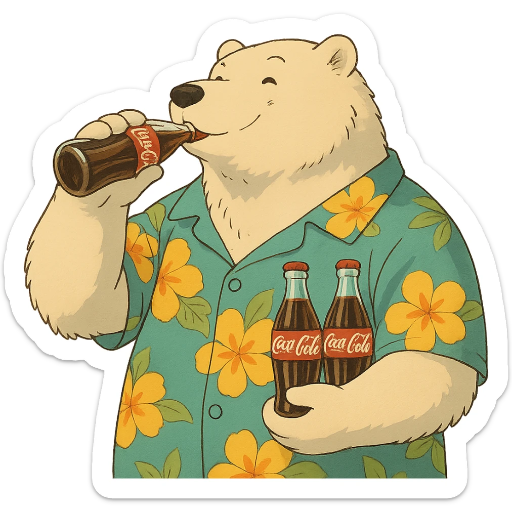 ghibli style polar bear in a Hawaiian shirt with Coke bottles, drinking Coca-Cola sticker
