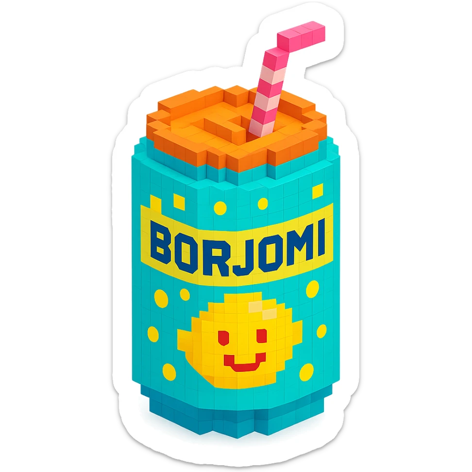 Borjomi lemonade can with a playful design, including bubbles and a straw sticker