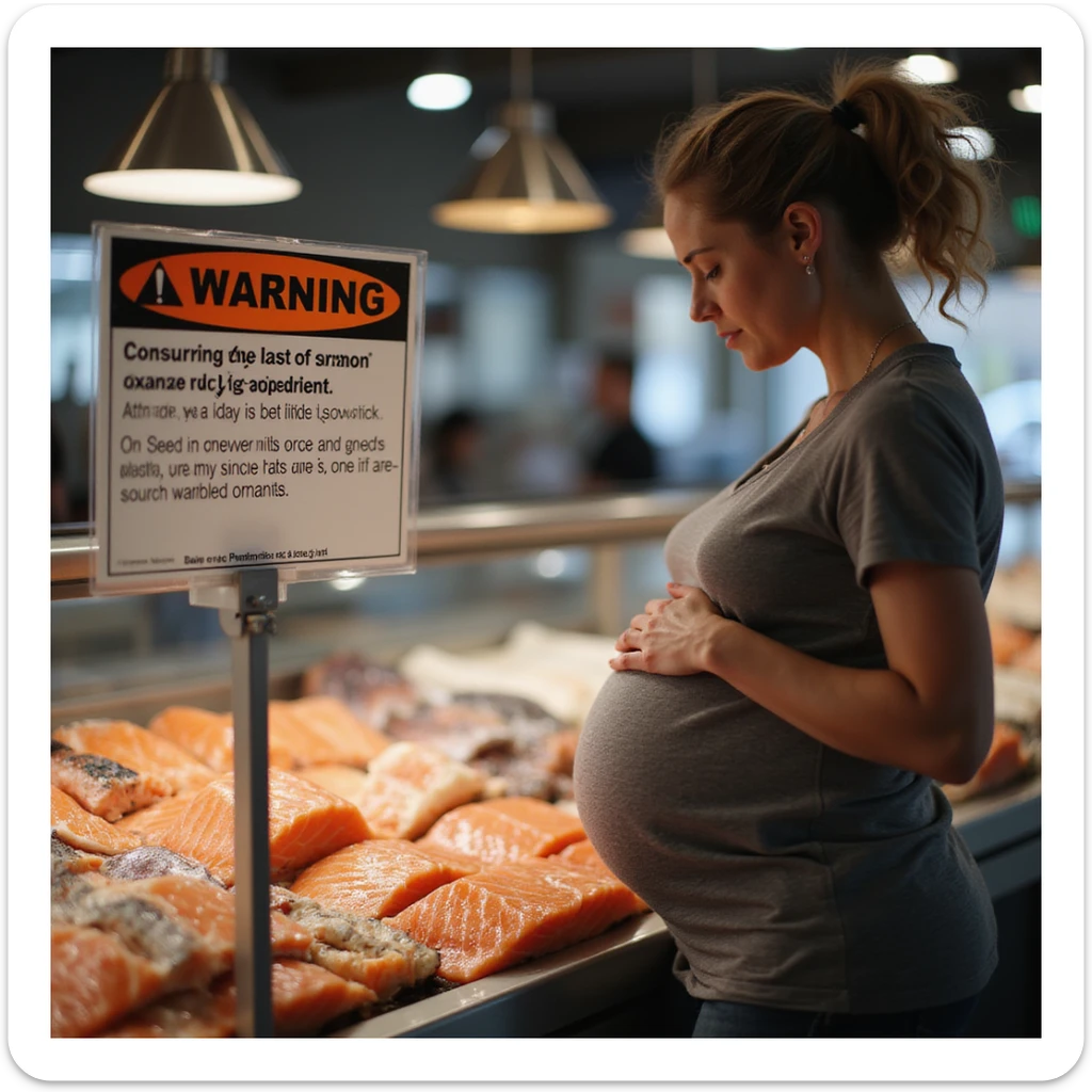 realistic pregnant woman in 4K observing informational sign at fish market: 'Warning, consuming raw salmon can pose risks during pregnancy' sticker