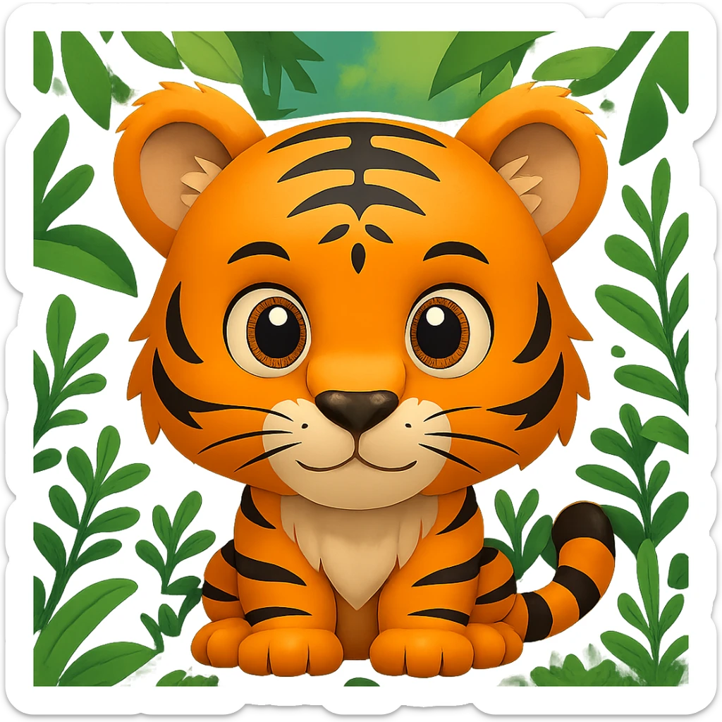 Add a lush green jungle background behind the tiger cub in the style of apple emojis, preserving the apple emoji style and look. sticker