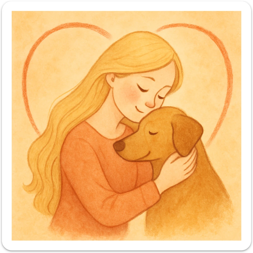 A pretty woman with pale skin and very long blonde hair hugging a dog, with a heart encircling her. sticker