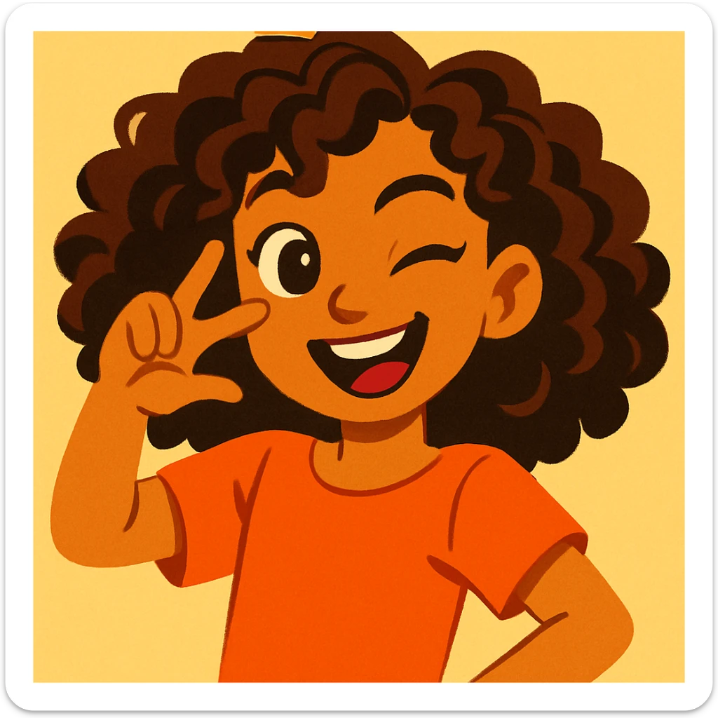 white girl with brown eyes and brown hazelnut curly hair 3b-3c, playful expression, upper body, plain background, vibrant toon style sticker