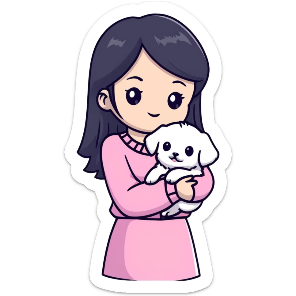 beautiful young woman with long straight black hair wearing pink clothes and holding a small white Maltese puppy sticker