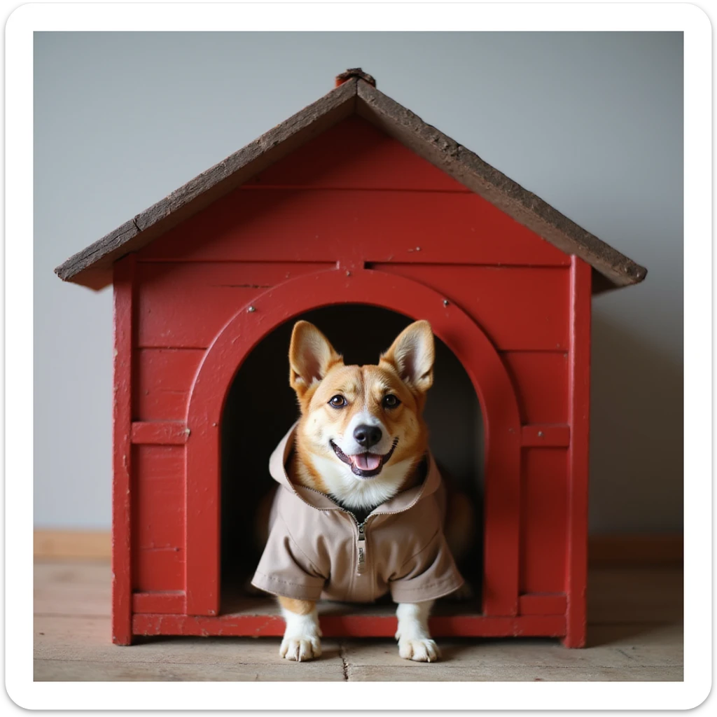 realistic red dog house with a Corgi dog inside, Corgi with a raincoat, photorealistic style sticker