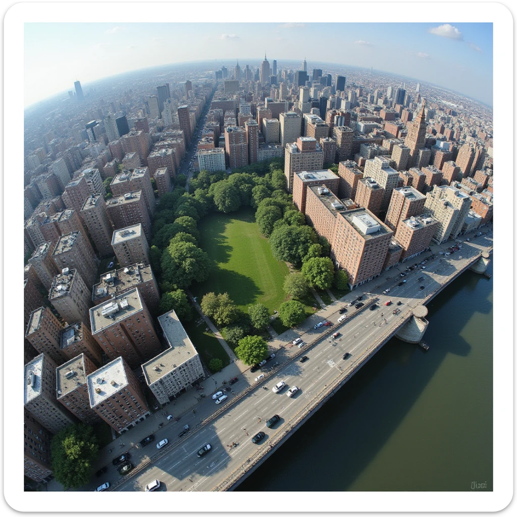 360-degree panoramic view of the Bronx from above, showing cityscape, buildings, parks, and bridges, realistic and detailed style sticker