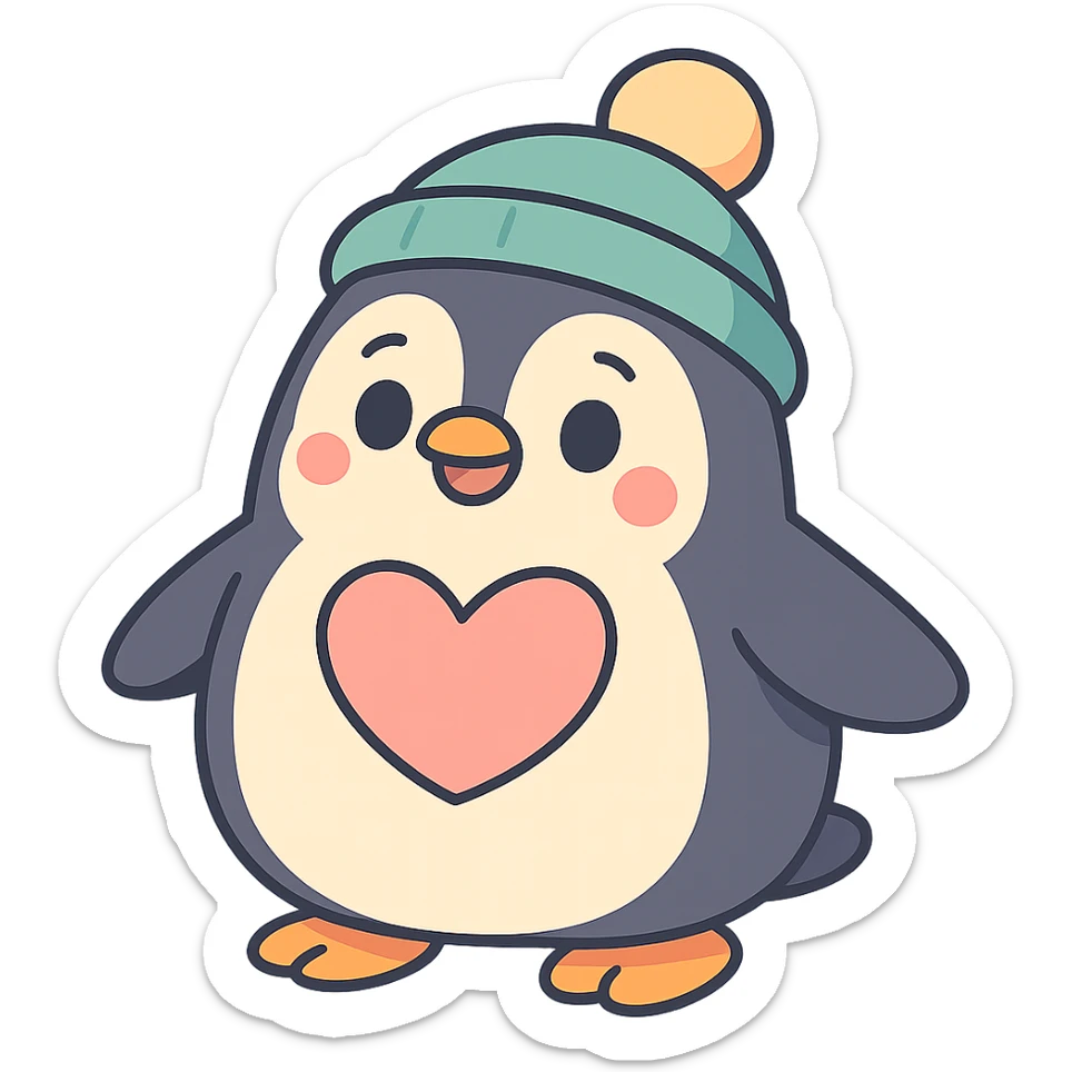 chubby penguin wearing a beanie hat with a large heart on its chest in pastel-toon style sticker