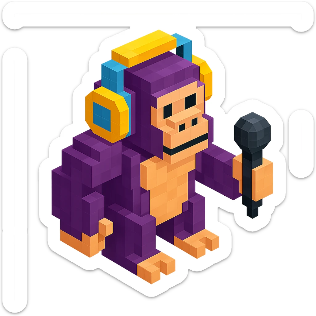gorilla with headphones holding a microphone, isometric view, voxel style sticker