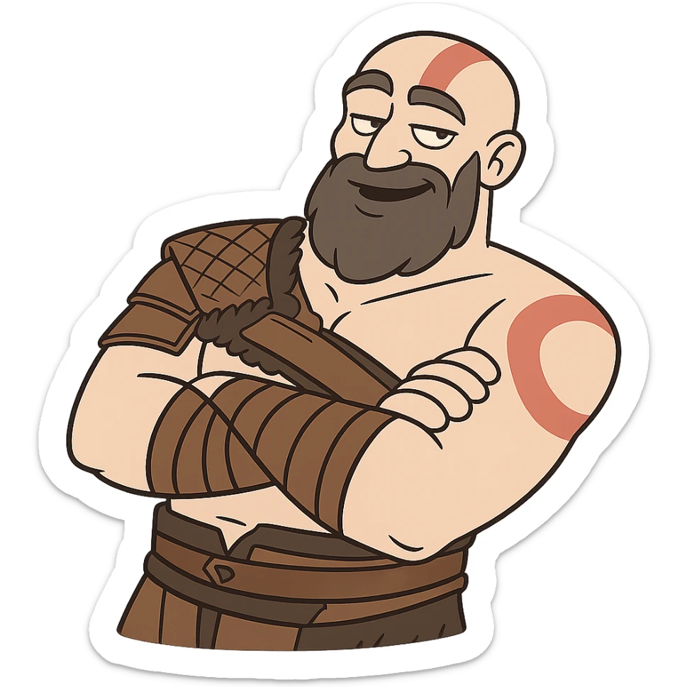Kratos from God of War, looking relaxed and chill, leaning back with arms crossed, cartoon style sticker