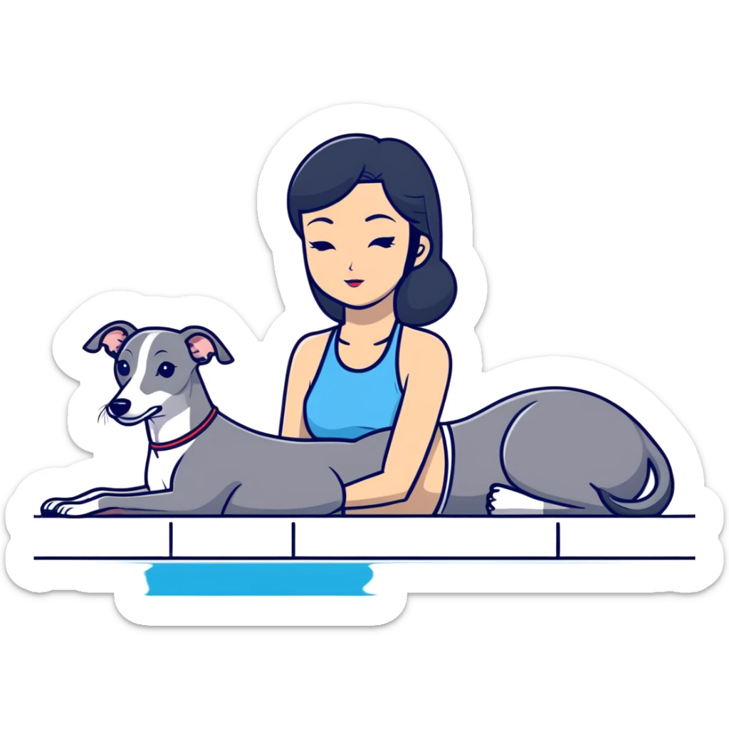 Slim Chinese woman with long black hair in appropriate pool attire relaxing by a swimming pool with her Italian greyhound that is COMPLETELY solid grey, with absolutely NO white markings anywhere, single uniform grey color throughout entire dog body sticker