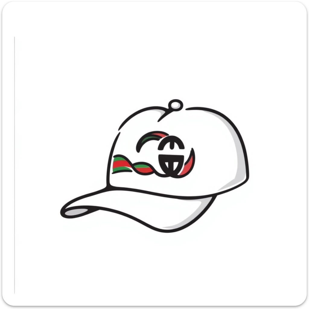 hand-drawn doodle of a Gucci cap with signature green and red stripes and logo sticker