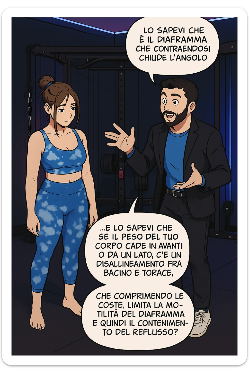 TRASFORMA QUESTO CAROSELLO IN UN FUMETTO STILE WEBTOON/MANGA A COLORI CON QUESTE DUE PERSONE IDENTICHE CHE INTERLOQUISCONO TRA LORO, L'uomo sta spiegando alla donna questo concetto:

LUI (UOMO): Hai controllato diaframma e baricentro corporeo?
LUI (UOMO): Lo sapevi che è il diaframma che contraendosi chiude l’angolo his fra stomaco ed esofago, contenendo la risalita degli acidi grassi?
LUI (UOMO): …e lo sapevi che se il peso del tuo corpo cade in avanti o da un lato, c’è un disallineamento fra bacino e torace, che comprimendo le coste, limita la motilità del diaframma e quindi il contenimento del reflusso? sticker