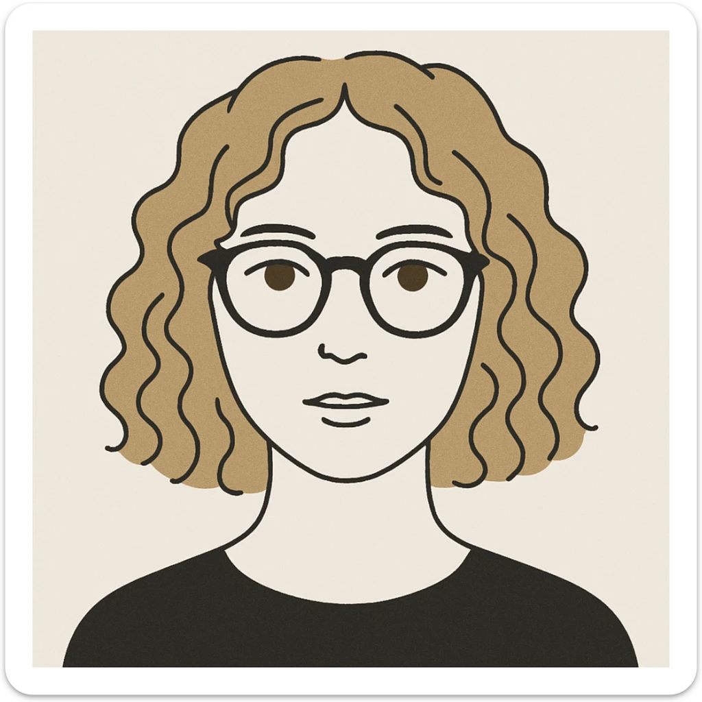 portrait simple d'une fille avec des cheveux bouclés blonds foncé, lunettes noires, yeux marrons sticker