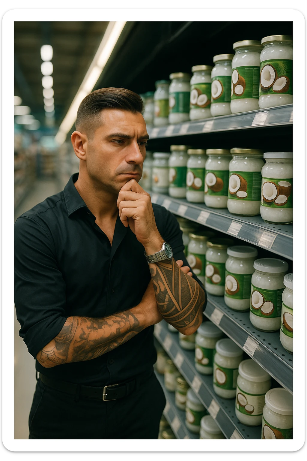 Create a realistic and cinematic vertical 2:3 image of a man with the facial features of the reference photo. He is looking thoughtfully at many different brands of coconut oil on supermarket shelves. The atmosphere is bright and reflective. No text in the image. sticker