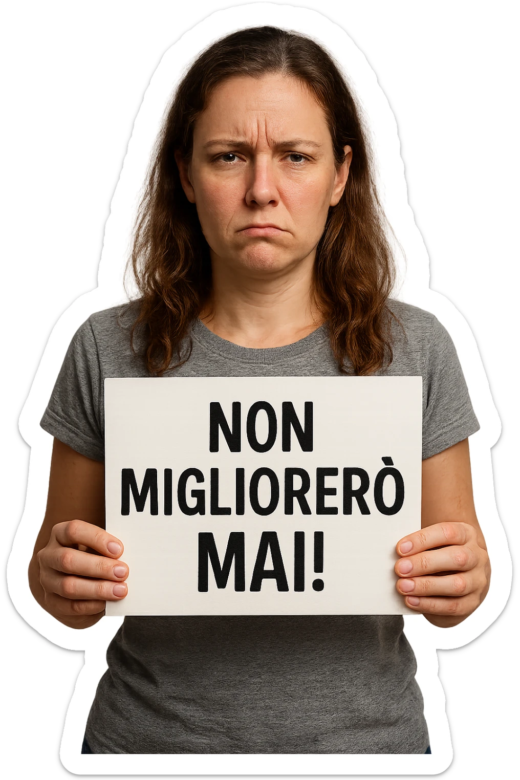 DONNA CHE TIENE UN CARTELLO IN MANO CON LA SCRITTA "NON MIGLIORERò MAI!", iperrealistico 4k sticker