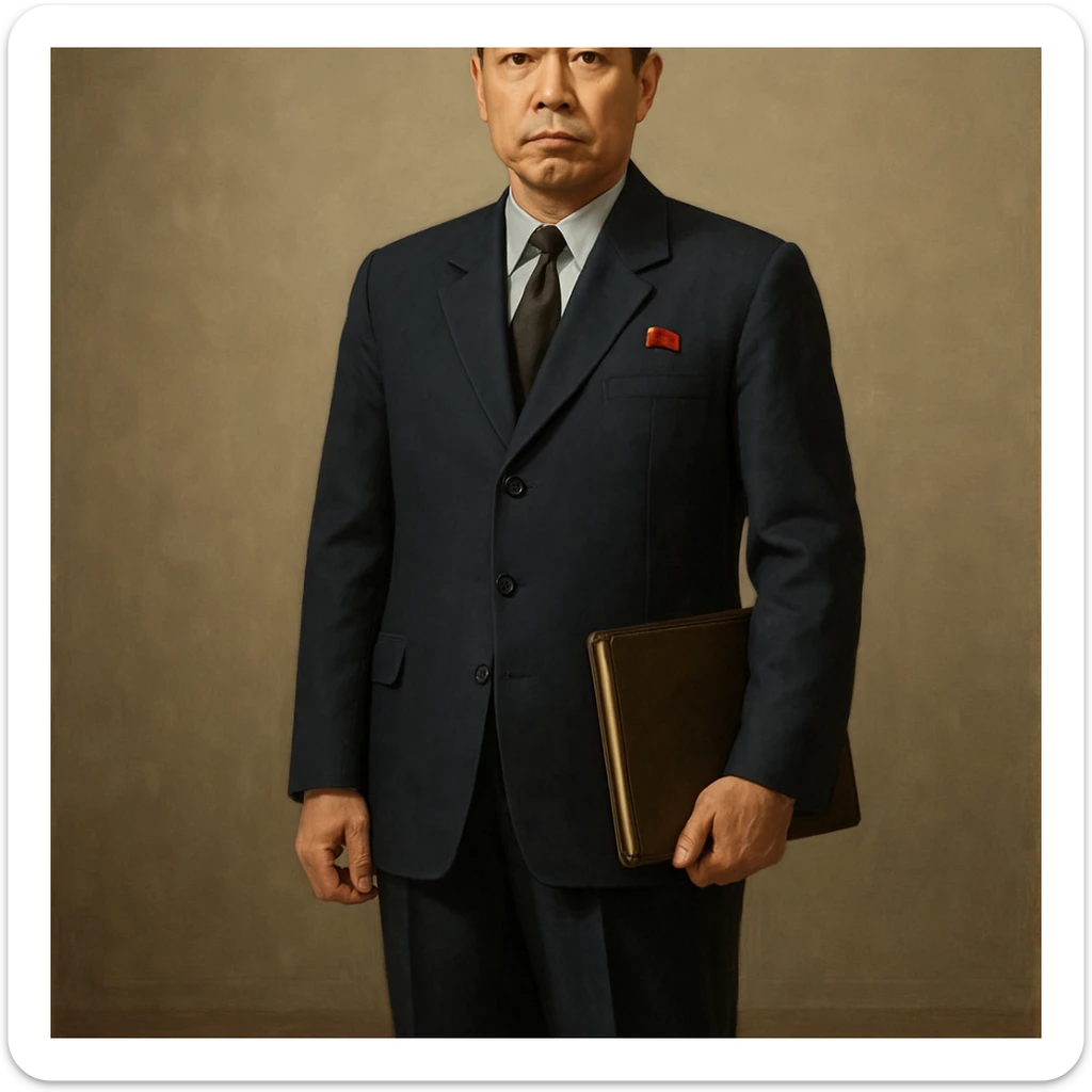Official portrait of a North Korean man, head of the hull production workshop at a shipyard, serious and formal style, dark suit, neutral background, confident and focused expression, style inspired by Soviet and North Korean official portraits, full body, not cropped sticker