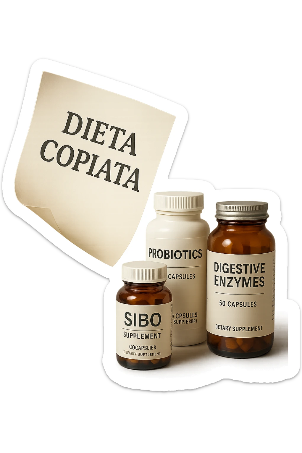 FOGLIO DI CARTA FLUTTUA IN ARIA CON LA SCRITTA "DIETA COPIATA", INSIEME A BARATTOLI DI INTEGRATORI PER CURARE IL SIBO, IPERREALISTICO 4K, NON DISEGNATO sticker
