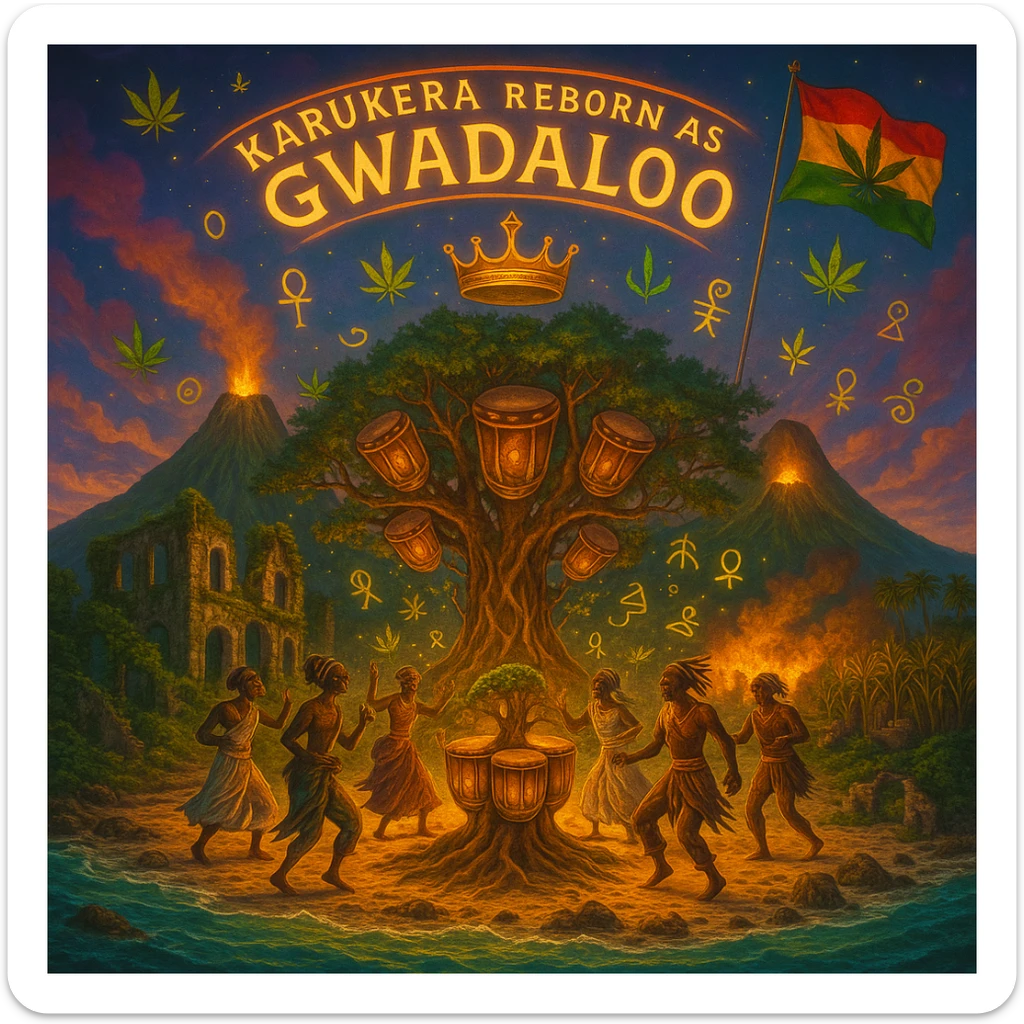 Create a powerful, surreal vision of the Caribbean island Guadeloupe, reimagined as ‘Gwadaloo’ — its sacred, sovereign identity restored. The island is lush, tropical, and volcanic, with two green volcanoes glowing golden at the peaks. In the center stands a giant mystical Drum Tree, its branches bearing carved drums instead of fruit, glowing with rhythmic light. Ancestral spirits of African and indigenous lineage dance in a circle around the tree, surrounded by floating ganja leaves and sacred symbols. Sugarcane fields burn gently in the background, symbolizing the end of colonial suffering. Ruins of colonial buildings crumble into the earth, reclaimed by vines and jungle. Above the island, a glowing banner in the sky reads: ‘Karukera reborn as Gwadaloo.’ A ganja-leaf flag waves high in red, green, and gold, and a golden Creole crown floats in the sky above the island — not worn by any man, but held in rhythm. The ocean is turquoise, the light is divine, and the entire scene radiates spiritual victory, cultural remembrance, and cosmic rhythm. Use a warm, cinematic palette of golds, greens, blues, and purples. Style should feel epic, sacred, and symbolic — a rebirth of Caribbean power. sticker