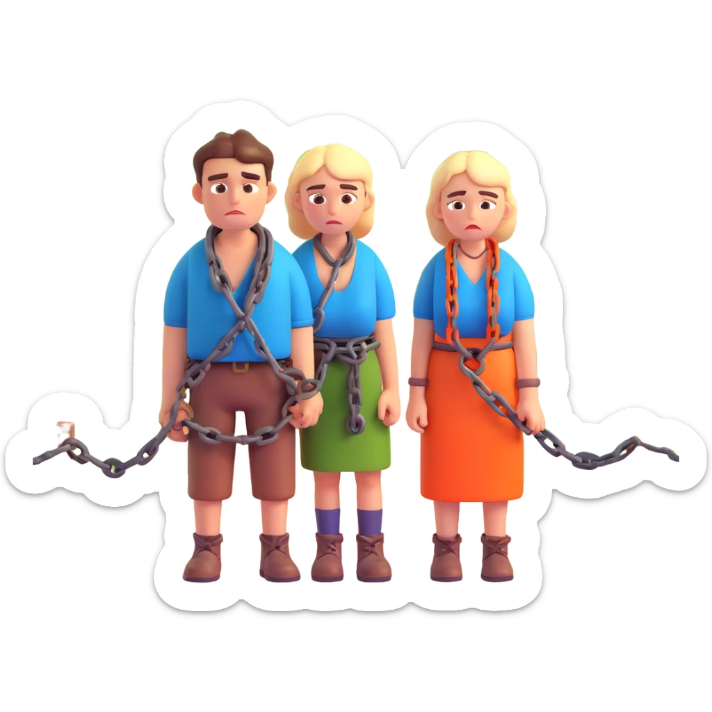 cartoon emoji style sad couple in rural clothing chained with small village and angry villagers in the background couple appears innocent and exhausted bright expressive colors sticker