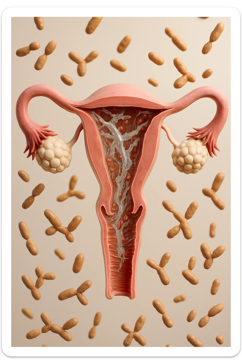 utero umano realistico con batteri della candida intorno, la foto si deve vedere per intero in formato verticale, sullo sfondo neutro chiaro ci sono batteri della candida, iperrealistico 4k sticker