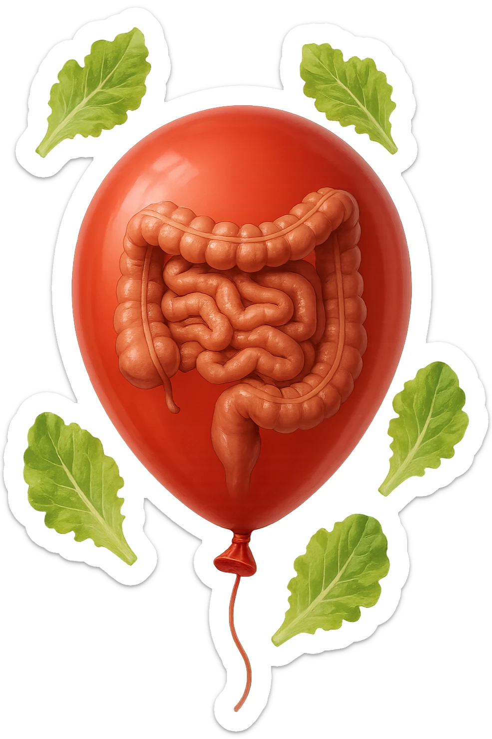 intestino chiuso in un palloncino rosso e foglie di insalata che fluttuano intorno sticker