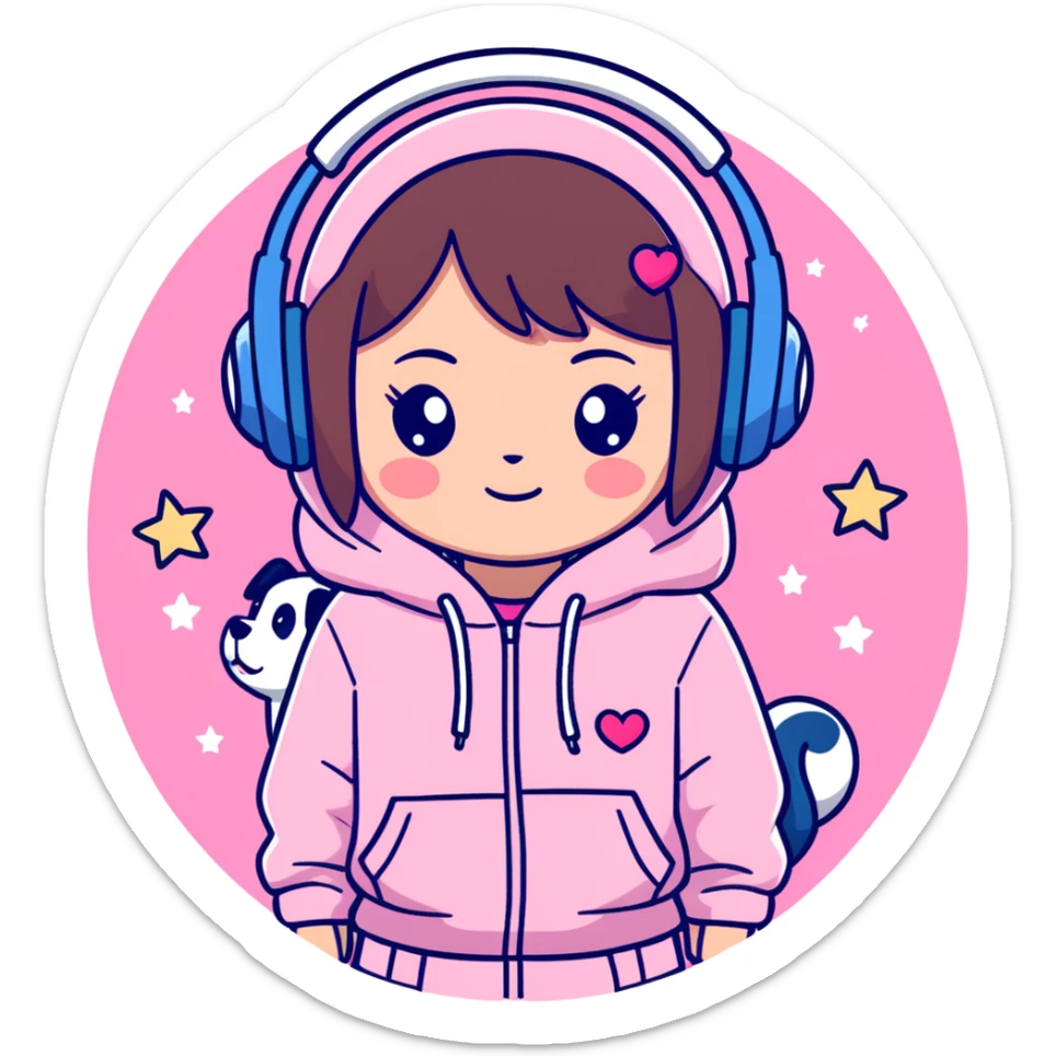 A brown-haired cartoon girl in a pink sparkly hoodie with headphones on, surrounded by hearts, stars, and a puppy  — in cute anime style sticker