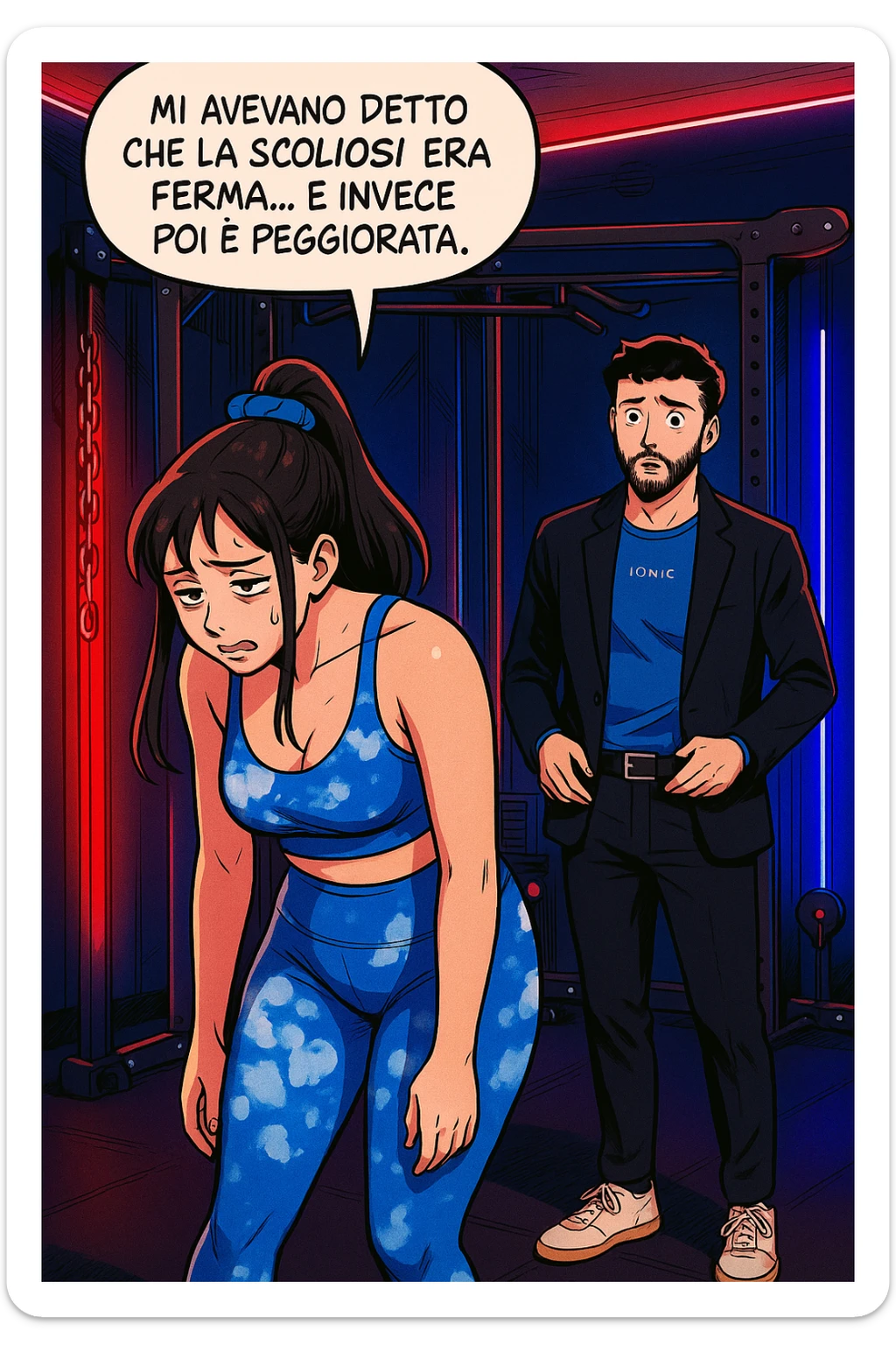 fai questa immagine in versione fumetto/manga/webtoon a colori, il manga mostra la donna disperata con un fumetto sulla testa che dice:
Mi avevano detto che la scoliosi era ferma… e invece poi è peggiorata.
 sticker