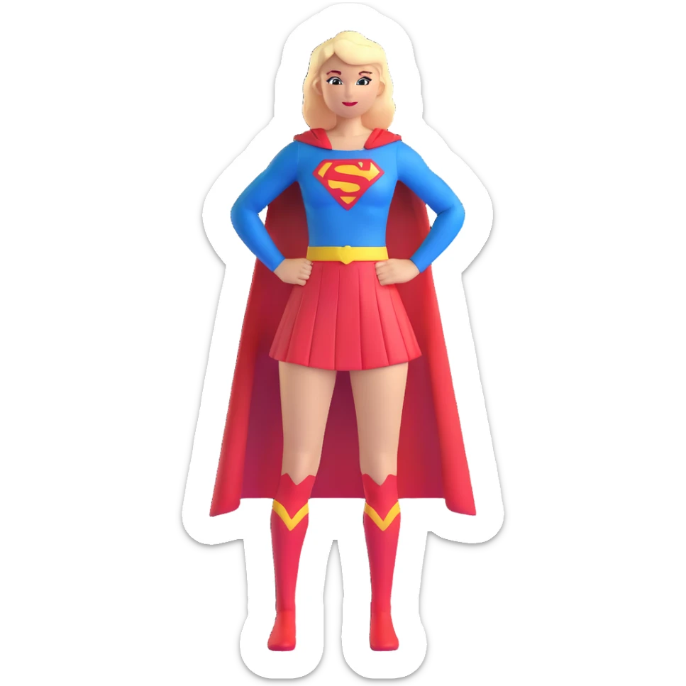 Supergirl superhero full body, blue tights costume with red skirt, red cape and S emblem sticker