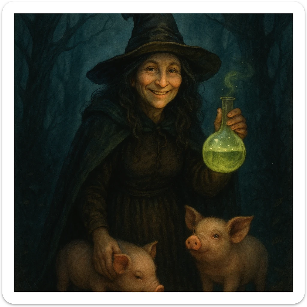 smiling witch with magical potion and pigs at her feet, mysterious atmosphere, fairy tale style sticker