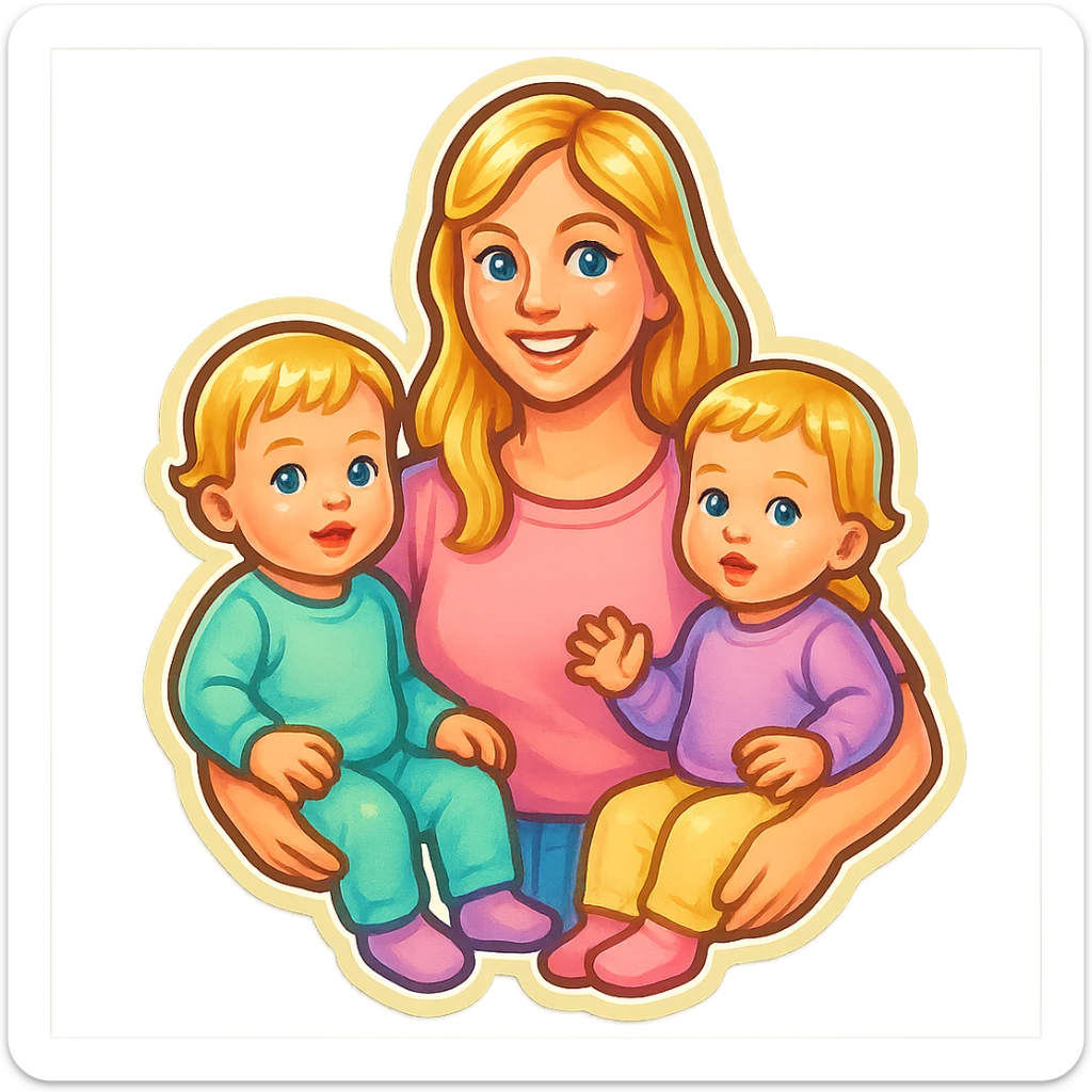 two one-year-old twin girls with short light blonde hair sitting on mom's arms with long light blonde hair, pastel clothing, retro stickers style, different compositions sticker