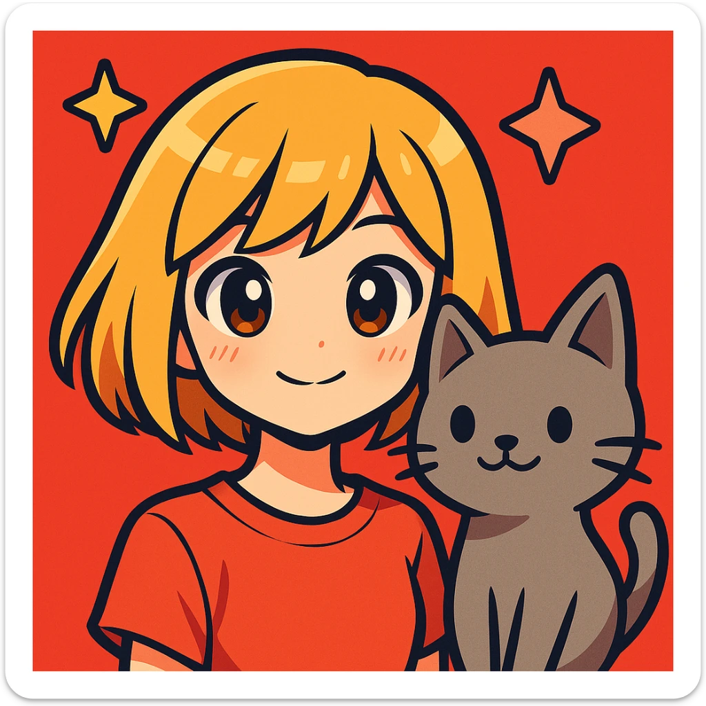Change the girl's hairstyle to a short bob, keep blond hair, brown eyes, and a grey cat, in a vibrant anime-inspired style with bold colors and dynamic shading. sticker
