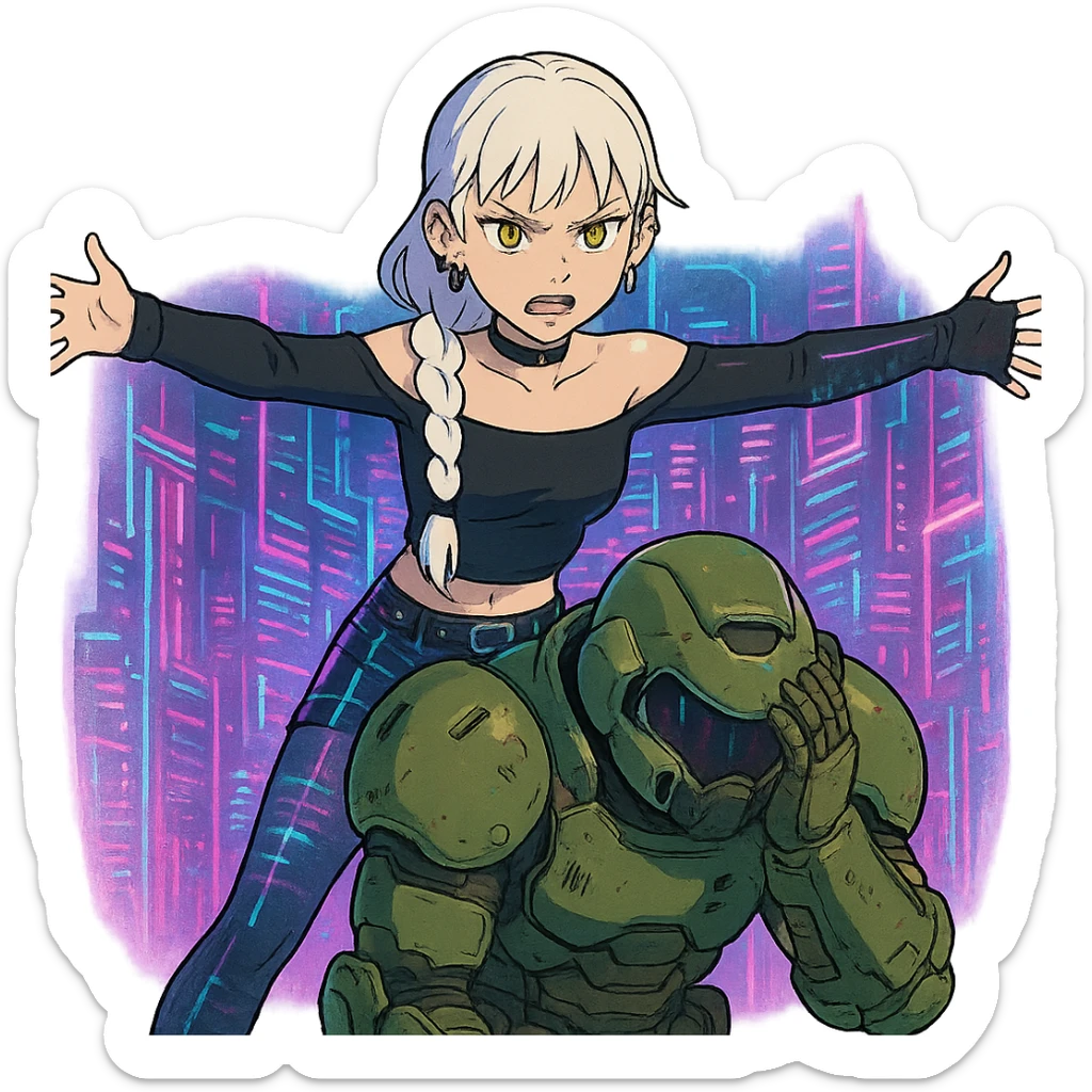  young woman with gold yellow eyes, white hair, long braid, black off-shoulder top, punk gothic style, futuristic cyberwave cyberpunk,, she is aggresively t-posing over a cowering doomguy sticker