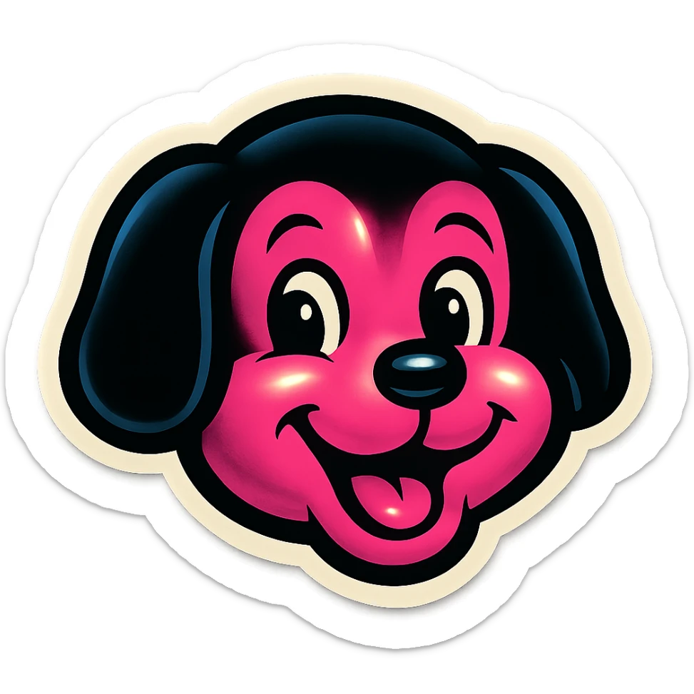 black and pink puppy face, cheerful and fun, vintage sticker look sticker