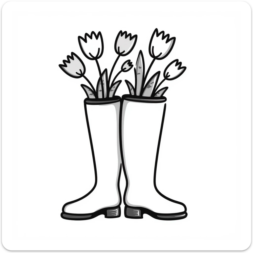 Rubber rain boots/wellington boots with tulip flowers sticking out from the top, in pastel colors (dd9fb0, ffc6d3, a3bfc9, c4bee2, f1b091), hand-drawn doodle style sticker