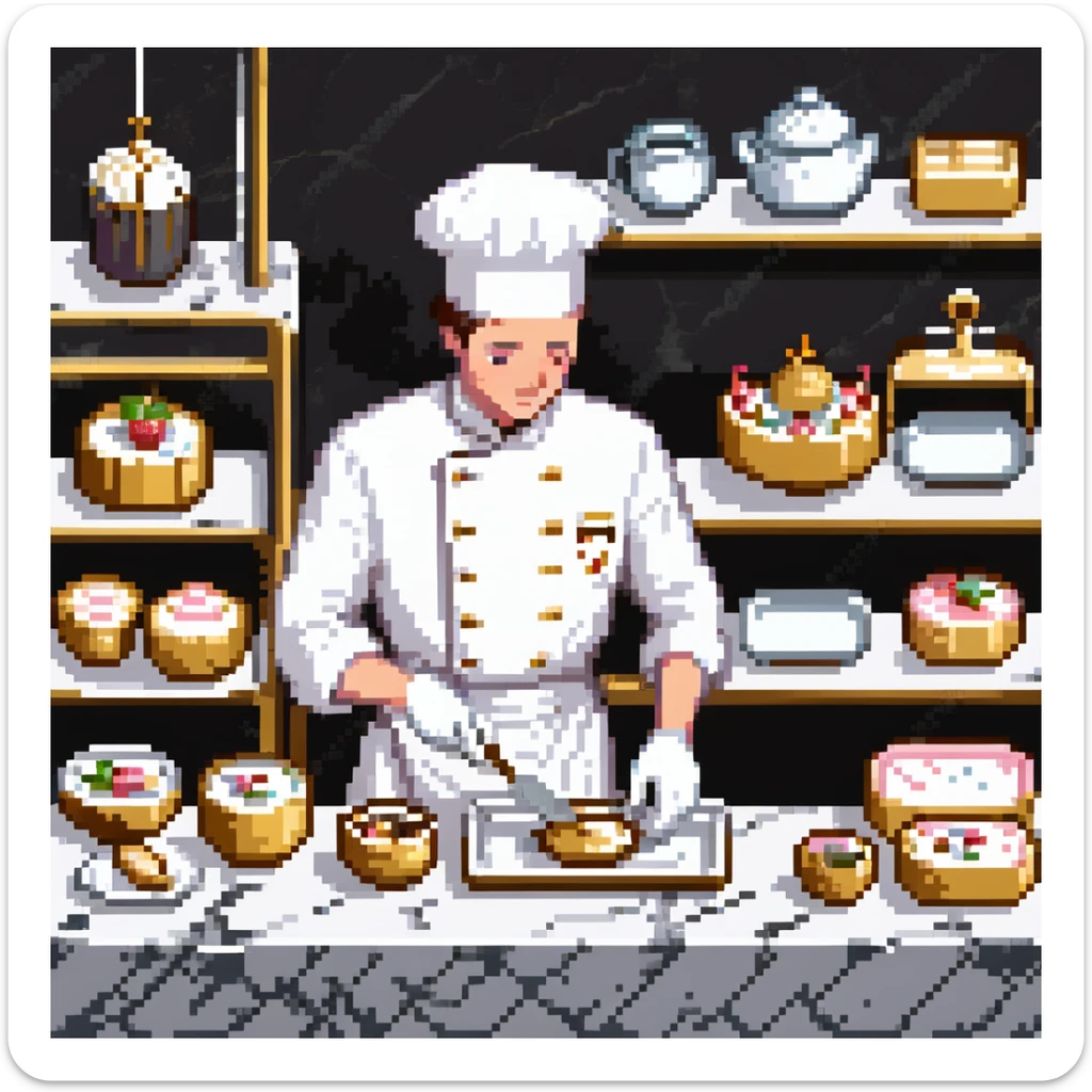 Ein eleganter Bäcker in weißer Uniform, arbeitet auf einer Marmorplatte mit Porzellanformen und goldverzierten Utensilien. Die Umgebung erinnert an eine klassische französische Patisserie. Interface wirkt wie graviertes Porzellan mit filigranen Mustern.
 sticker