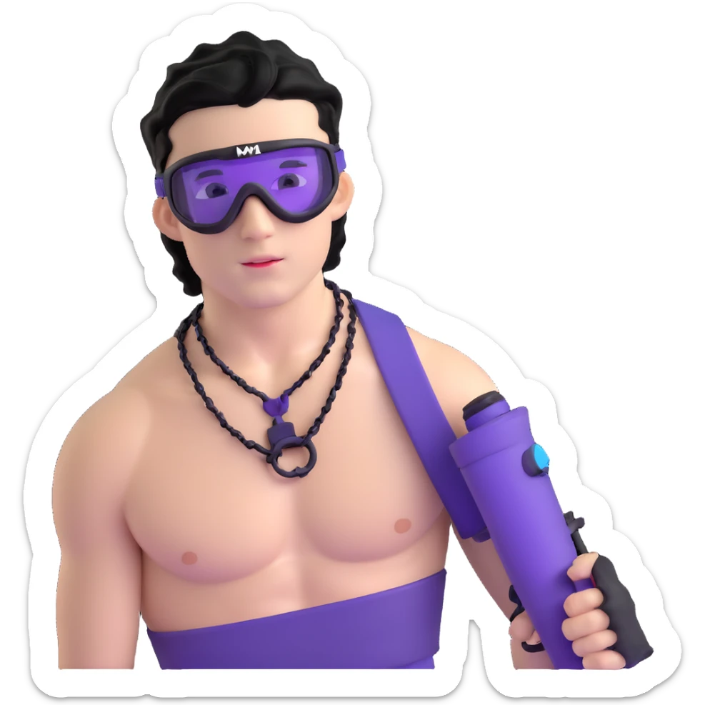 shirtless male athlete with white skin and moderately curly black hair on top with shaved sides, wearing purple ski goggles with black tinted lenses, and a simple plain black chain necklace, no earrings sticker