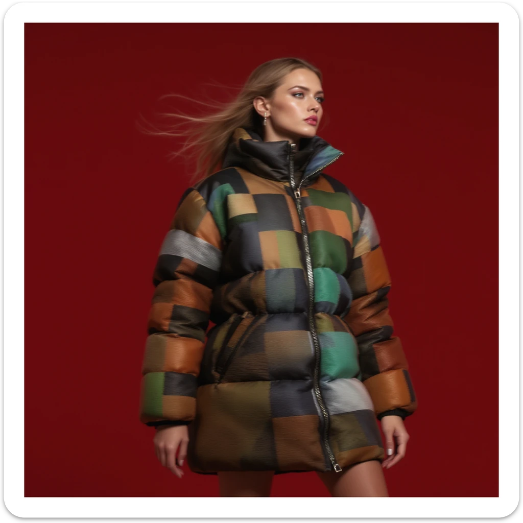 Medium shot, "Echo print effect" motion blur, Photo of a woman dress in abstract (black orange green and blue) grid puffer Louis Vuitton jacket, red solid background, express body, spot light with hard light sticker