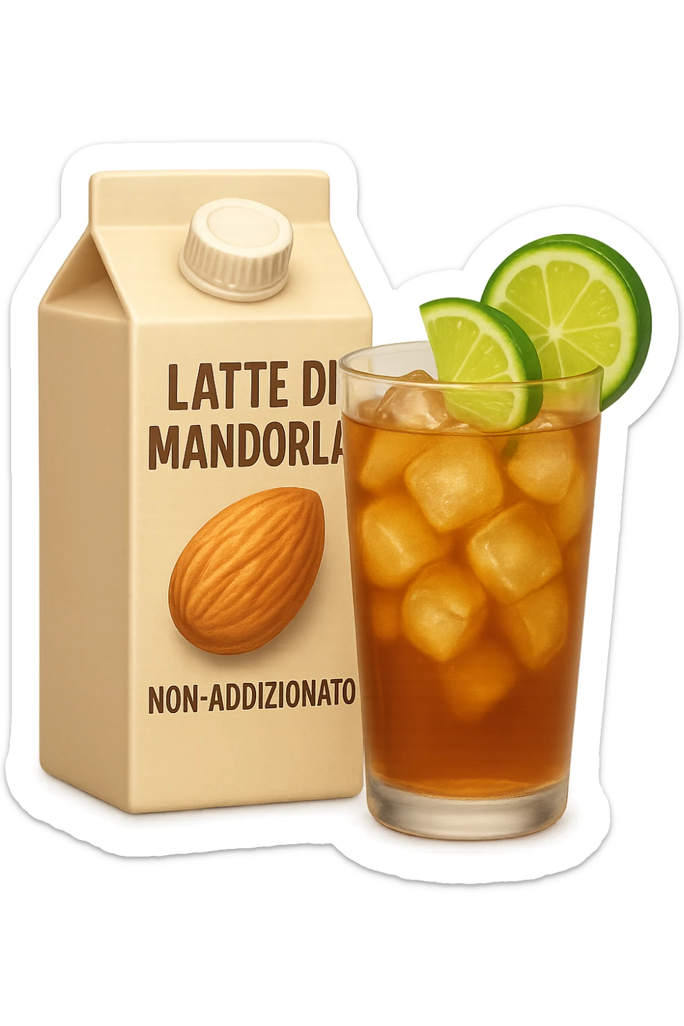 emoji stile iphone di un pacco di latte di mandorla non addizionato accanto ad un bicchiere di vetro di tè freddo con fettine di cetriolo e lime
IPERREALISTICO 4K sticker